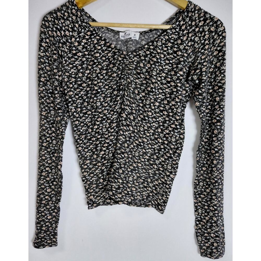 HOLLISTER CALIFORNIA Black Floral Long Sleeve Top Scoop Neck Size M